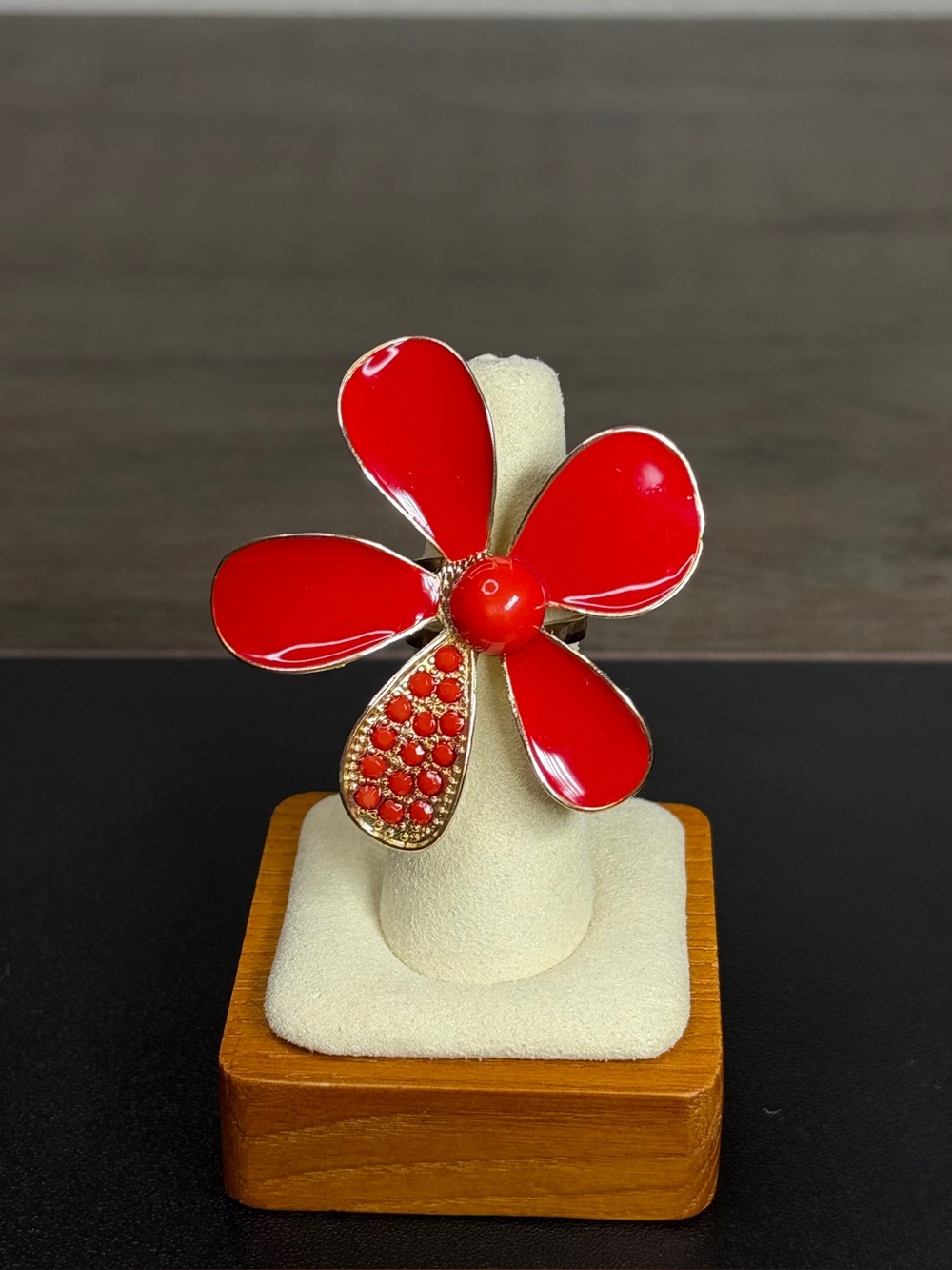 Red Enamel Flower Statement Ring